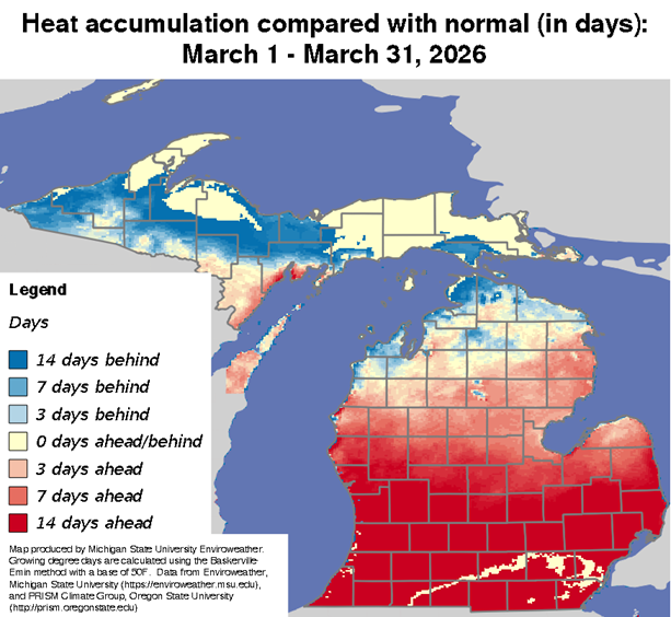 Map of Michigan showing heat accumulation compared to normal (in days) for March 1&ndash;31, 2026. Northern Michigan is mostly shaded in blues, indicating conditions 3 to 14 days behind normal, while central areas are mixed with near-normal conditions. Southern Michigan is predominantly red, showing heat accumulation 7 to 14 days ahead of normal, with the greatest departures concentrated along the southern border.